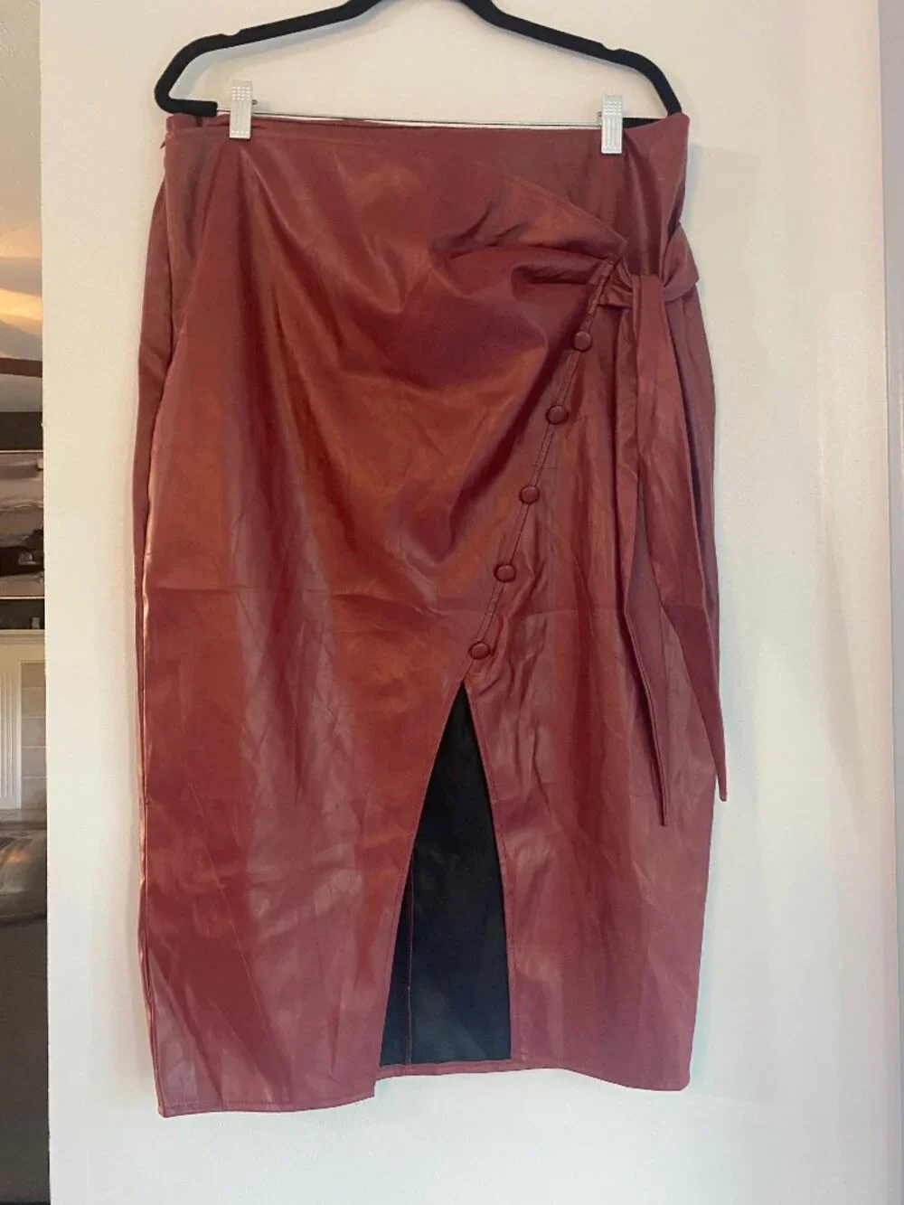 Faux Leather Wrap Midi Skirt